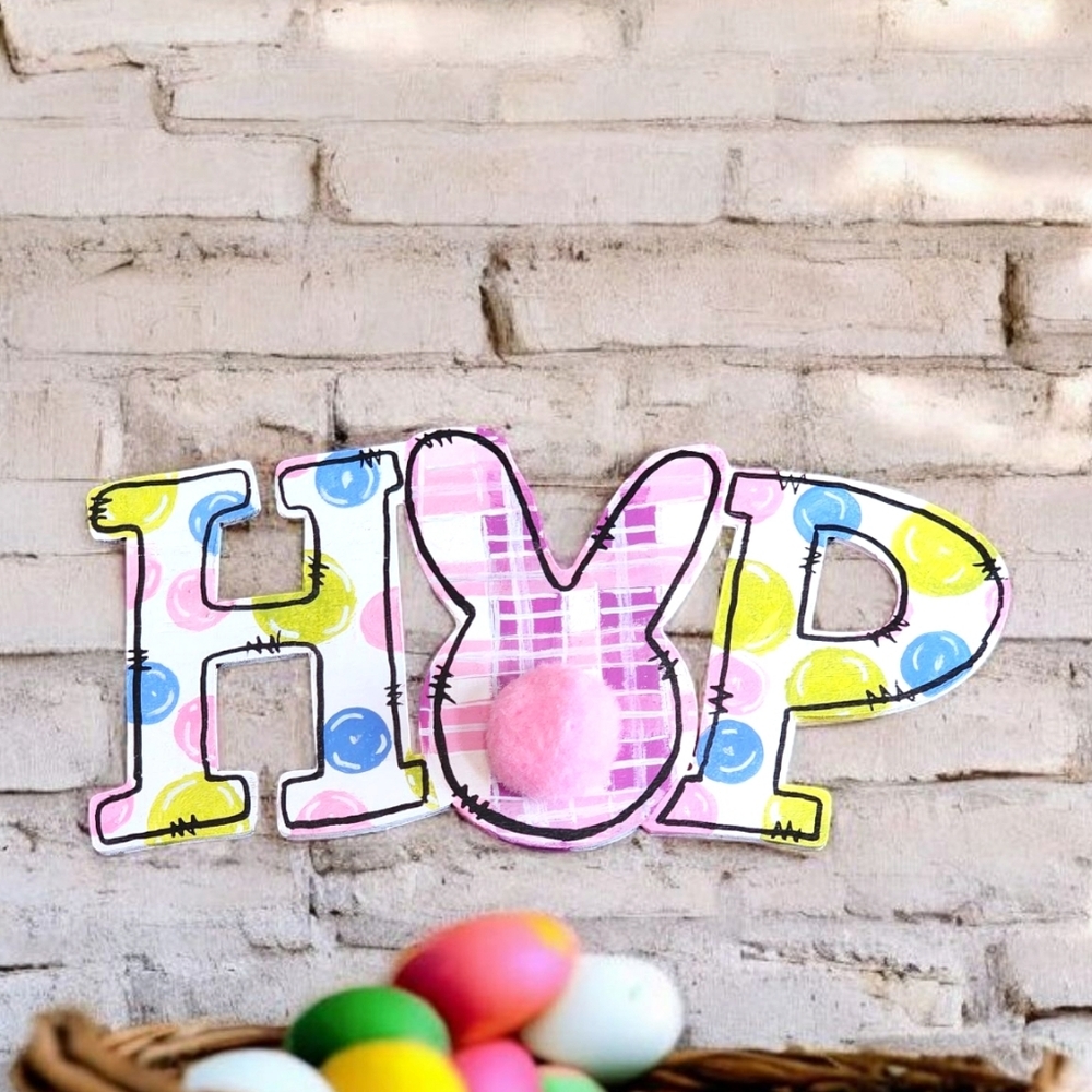Handpainted HOP Bunny Sign Colorful Spring Or Easter